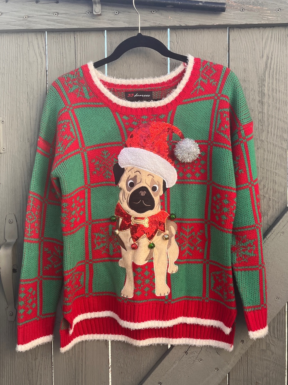 32 Degrees Christmas Holiday Sweater Pug Crewneck Red Green Size Medium